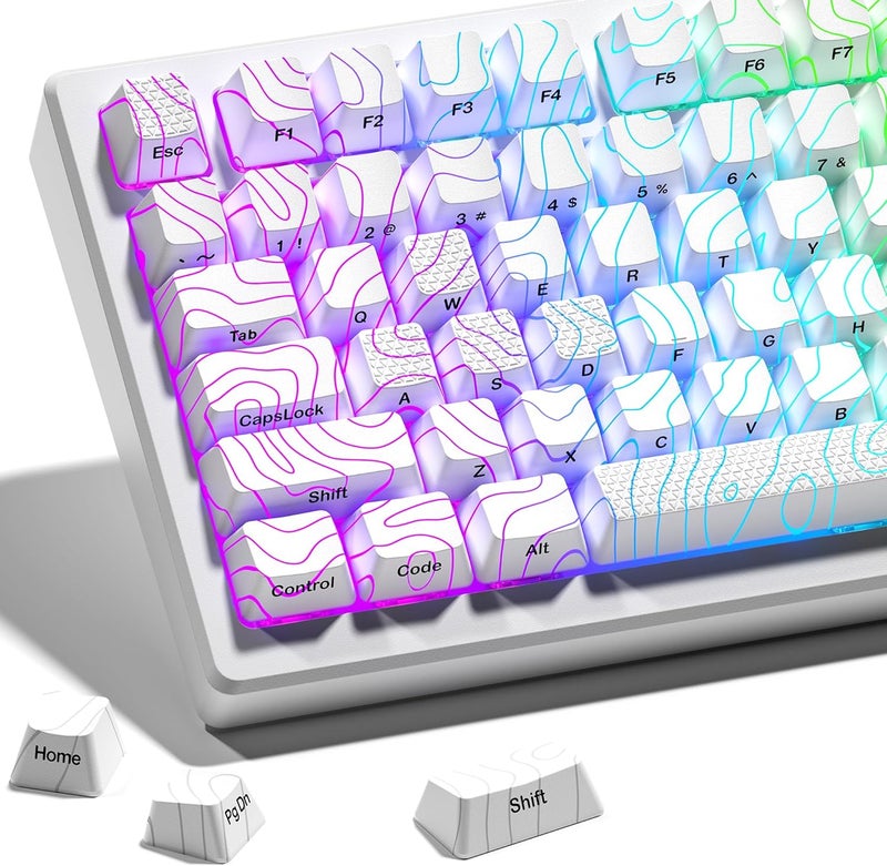 HITIME XVX Shine Through Keycaps with IMD Tech, Custom Keycaps 60 75 100 Percent, White Key Cap Set OEM Profile,118 Keys Side Printed for Mechanical Keyboard, Topographic - Image 1